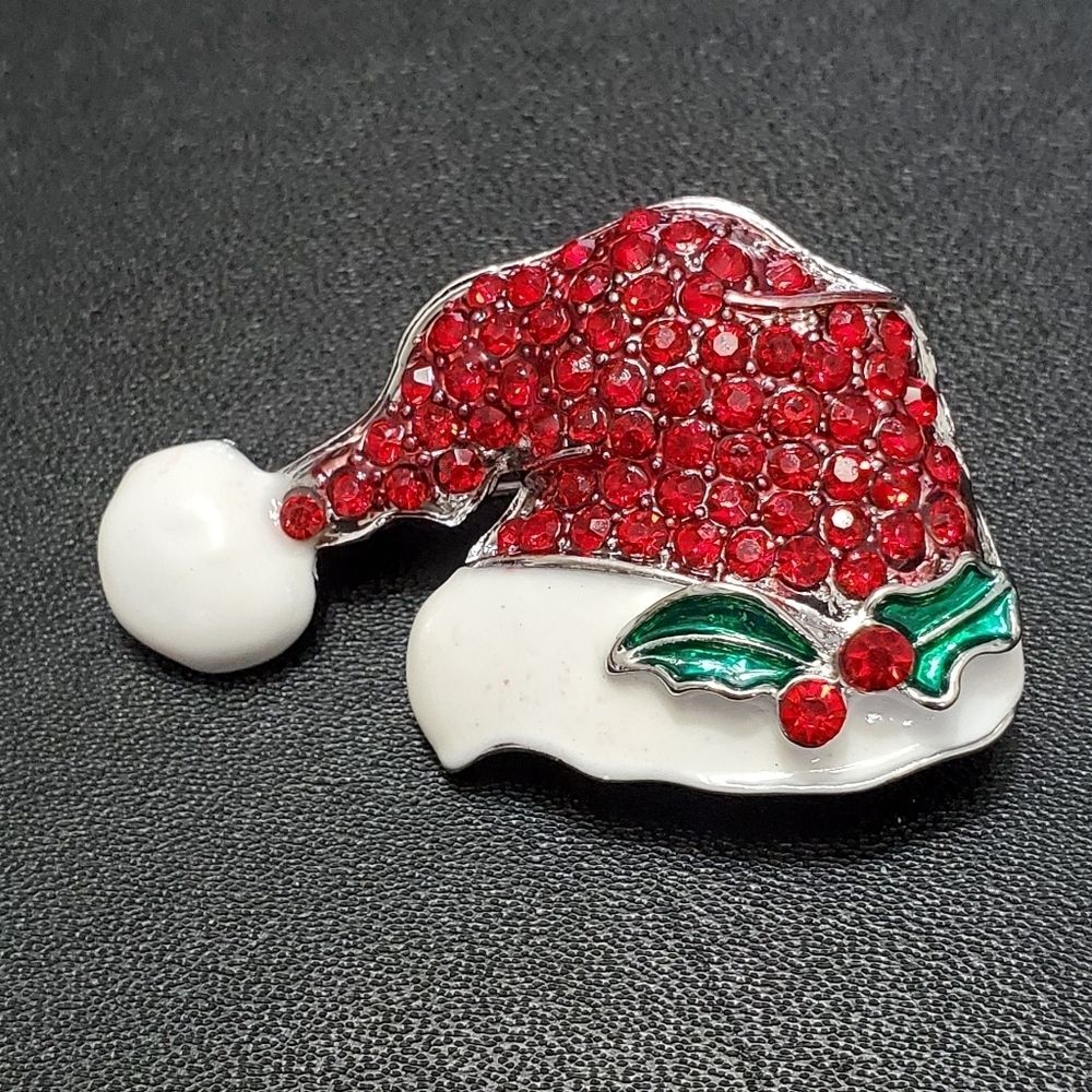 Silver tone red and white Santa hat brooch